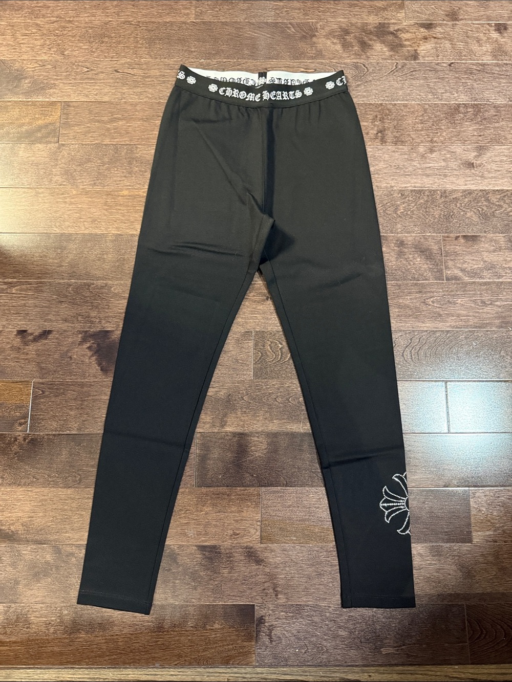 Chrome Hearts Black Leggings with White Logo Waistband and Hem Detail